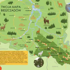 Mapa Bieszczadów z zaznaczonymi szlakami, schroniskami, szczytami i atrakcjami. Znajdziesz tu m.in. Solinę, Wetlinę, Ustrzyki Górne.