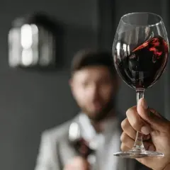 Verre de vin rouge, parfait pour accompagner un foie gras. Des mains lèvent des verres pour un toast.