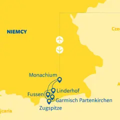 Mapa pokazuje trasę podróży po Niemczech, zaczynając od Monachium, a następnie odwiedzając Füssen, Linderhof, Garmisch-Partenkirchen i Zugspitze.
