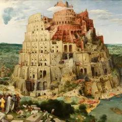 Monumentalna wieża Babel w budowie, z licznymi robotnikami i statkami w tle.