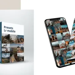 Pudełko z napisem "Presets Lr mobile" i dwa telefony z siatkami zdjęć. Dowiedz się, co to presety i jak ulepszyć swoje fotki!