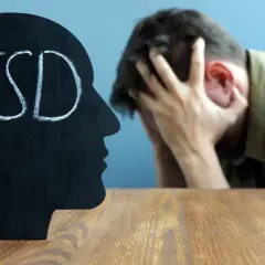 Sylwetka głowy z napisem PTSD, obok mężczyzna w rozpaczy. Szukamy leków na PTSD.