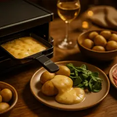 Appareil à raclette avec fromage fondu, pommes de terre, salade et charcuterie. Tous les ingrédients pour une raclette réussie sont prêts à être dégustés.