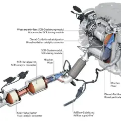 Układ wydechowy silnika 2.0 TDI SCR: filtr cząstek stałych, katalizator SCR, dozownik AdBlue i inne elementy.