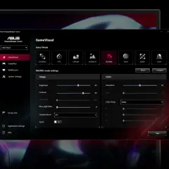 ASUS DisplayWidget Center mit ausgewählten "RACING"-Einstellungen für den ASUS ROG Strix XG27ACS Monitor.