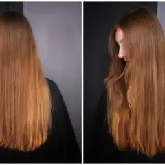 Före- och efterbilder på en person som gör en hårfärgning från brunt till blont hemma.