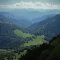 Widok na wielki rozsutec szlak w górach. Zielone doliny, lasy i skaliste zbocza tworzą malowniczy krajobraz.