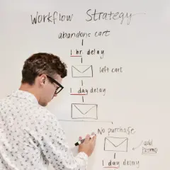 Mężczyzna rysuje na tablicy schemat "Workflow Strategy", który ilustruje procesy i opóźnienia, pokazując zastosowanie teorii ograniczeń w optymalizacji działań.