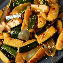 Smażona cukinia z cebulą i sezamem, posypana płatkami chili. Świetny pomysł, co ugotować z cukini, gdy masz jej dużo!