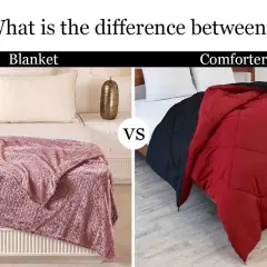 A pink knitted blanket vs. a red and black comforter, illustrating what's the difference between a blanket and a comforter.