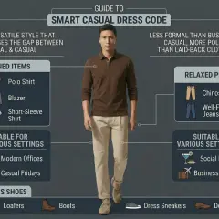 Guía de **smart casual dress code**: hombre con polo marrón y chinos beige. Ideal para oficinas modernas, eventos sociales y viajes de negocios.