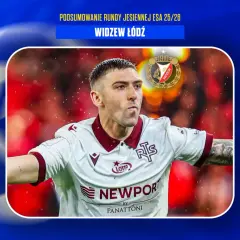 Piłkarz Widzewa Łódź w białej koszulce z bordowymi elementami, z herbem klubu na piersi. Podsumowanie rundy jesiennej ESA 25/26.