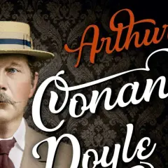 Retrato de Arthur Conan Doyle con sombrero de paja y bigote, junto a su nombre escrito en letras cursivas.