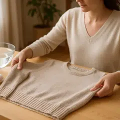 Une femme prépare un pull en laine pour enlever de la colle. Un bol d'eau et une serviette sont à proximité.