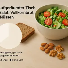 Salat, Vollkornbrot und Nüsse – eine Mahlzeit mit guten Kalorien für ausgewogene Essgewohnheiten.