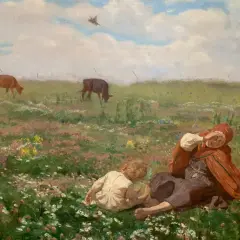 Józef Chełmoński dzieła: Dziecko i kobieta odpoczywają na kwiecistej łące, w tle pasące się krowy.