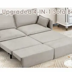A light gray, 4-in-1 pull-out sofa bed is shown partially unfolded, revealing its versatile design.