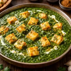 En krämig palak paneer med gyllene paneerbitar i en djupgrön spenatsås. Ett perfekt recept för en smakrik indisk middag.
