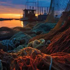 Redes de pesca apiladas al atardecer, listas para la pesca furtiva. Barcos en el puerto reflejan la luz anaranjada.