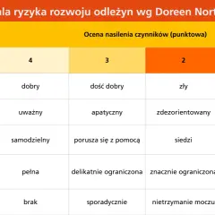 Tabela oceniająca ryzyko odleżyn wg skali Norton. Parametry: stan fizyczny, świadomość, aktywność, samodzielność, nietrzymanie moczu/stolca.