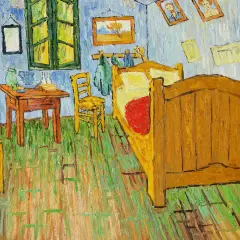 Sypialnia Van Gogha, jeden z jego najsłynniejszych obrazów. Proste meble, jaskrawe kolory, poczucie spokoju.