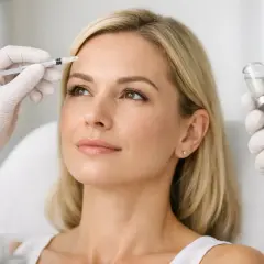 En kvinna får botox eller fillers i pannan. En hand med handske förbereder en injektion.