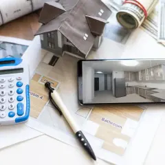Plany, kalkulator i wizualizacja kuchni na telefonie pomagają w tworzeniu kosztorysu remontu.