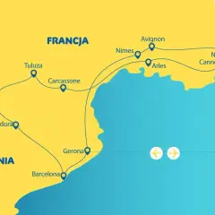 Mapa pokazuje trasę przez Francję i Hiszpanię, z zaznaczoną Barceloną nad morzem.
