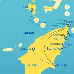 Mapa Grecji z zaznaczonym Rodos, Symi i Turcją. Pokazuje trasy morskie i lotnicze. Rodos czy warto? Zdecydowanie tak!