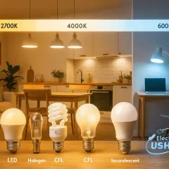 Comparativa de bombillas LED, halógena, CFL e incandescente, mostrando la unidad de flujo luminoso en diferentes temperaturas de color (2700K a 6000K).