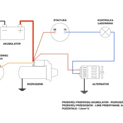Schemat pokazuje, jak podłączyć wzbudzenie alternatora: akumulator, rozrusznik, stacyjkę i kontrolkę ładowania.