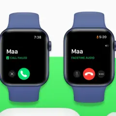 Dwa zegarki Apple Watch pokazują ekran połączenia. Jeden wyświetla "CALL FAILED", drugi "FACETIME AUDIO".