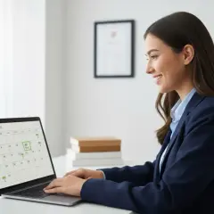 Uśmiechnięta kobieta planuje ile dni urlopu, zaznaczając daty na kalendarzu w aplikacji na laptopie.
