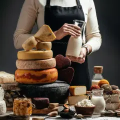 Una ricca selezione di formaggio a latte crudo, tra cui forme rotonde e quadrate, con latte fresco in caraffa.
