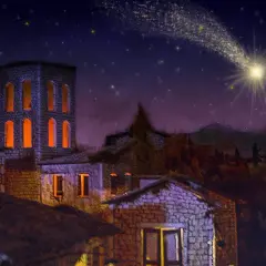 Nocna panorama miasteczka, gdzie powstała kolęda "Cicha noc". Gwiazdy i kometa na granatowym niebie.