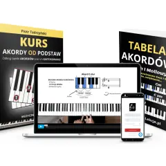 Kurs "Akordy od podstaw" i "Tabela akordów" na pianino i akordeon. Na ekranie laptopa widoczny akord C-dur.