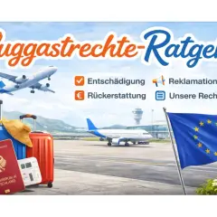 Flug gecancelt? Der Ratgeber zu Fluggastrechten zeigt Koffer, Pass und EU-Flagge. Infos zu Entschädigung, Rückerstattung, Reklamation & unseren Rechten.