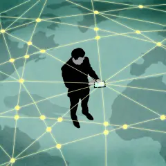 Hombre con tablet conectado a una red global. La **banda ultra ancha** permite la comunicación instantánea a través de continentes.