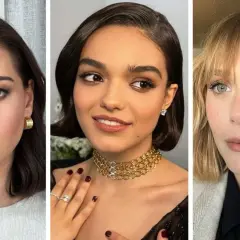 Tres mujeres con un bob texturizado: una con cabello oscuro y aretes dorados, otra con cabello oscuro y un collar de oro, y la tercera con cabello rubio y flequillo.