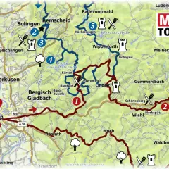 Karte mit einer roten Route für eine Motorrad Tour durch das Bergische Land. Stationen sind Köln, Solingen, Wipperfürth und Waldbröl.