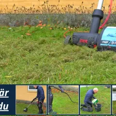 Man använder en vertikalskärare för att ta bort mossa och död vegetation från gräsmattan. Bilden visar steg för steg hur man gör.