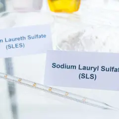 W laboratorium białe proszki: Sodium Laureth Sulfate (SLES) i Sodium Lauryl Sulfate (SLS). Pipeta z podziałką leży obok.
