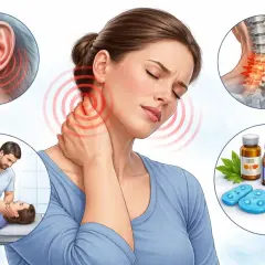 Donna con dolore osso dietro orecchio cervicale, evidenziato da cerchi rossi. Illustrazioni mostrano orecchio, collo, colonna vertebrale, fisioterapia e rimedi.
