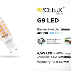Żarówka LED G9 Sollux, 4.5W, zimna barwa 4000K. Zamiennik 40W żarówki halogenowej, idealna do kuchni, łazienki, biura.
