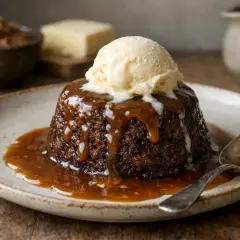 En läcker sticky toffee pudding med en kula vaniljglass och kolasås som rinner ner.