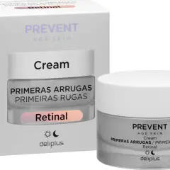 Crema antiarrugas Deliplus Prevent Age Skin con Retinal. Un tarro y su caja, listos para combatir las primeras arrugas.