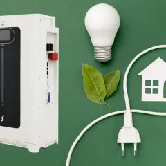 Nowoczesny magazyn energii bez fotowoltaiki, żarówka, liście i symbol domu.