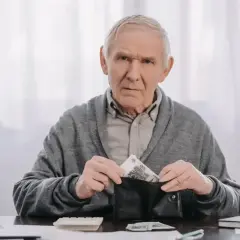 Starszy mężczyzna z portfelem w ręku, liczy pieniądze. Czy to na wcześniejszą emeryturę?