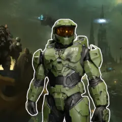 Master Chief steht im Vordergrund, umgeben von einer dystopischen Landschaft mit Türmen und Flugzeugen. Ein Symbol für die besten Xbox exclusive games.