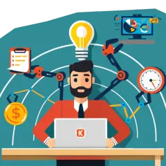 Hombre con laptop rodeado de brazos robóticos que representan ideas, dinero, tiempo y análisis. Un ejemplo de **que es el duty cycle** en la gestión de proyectos.